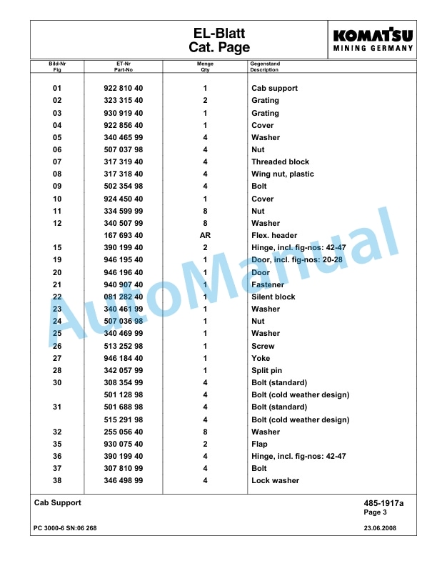 Komatsu PC3000-6 Hydraulic Mining Excavator Parts Manual G06268-3