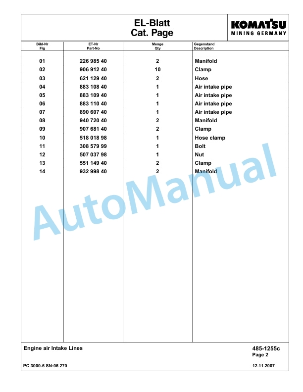 Komatsu PC3000-6 Hydraulic Mining Excavator Parts Manual G06270-2