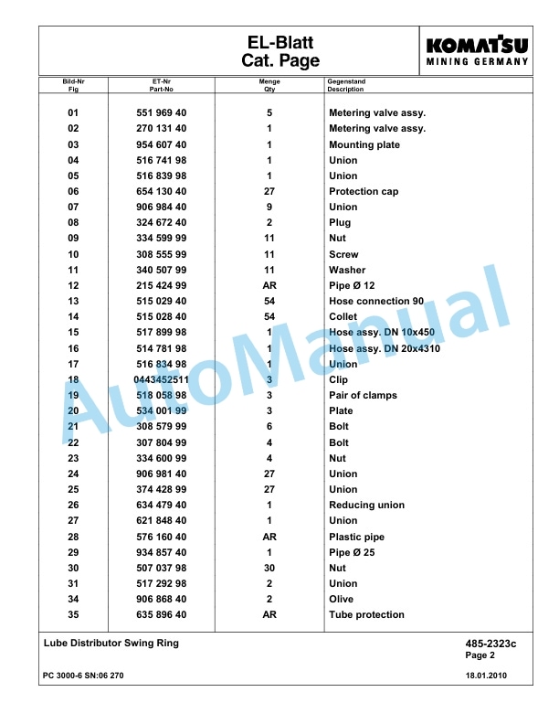 Komatsu PC3000-6 Hydraulic Mining Excavator Parts Manual G06270-4