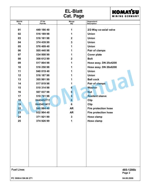 Komatsu PC3000-6 Hydraulic Mining Excavator Parts Manual G06271-2
