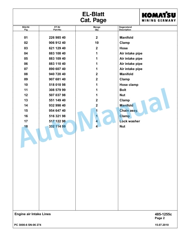 Komatsu PC3000-6 Hydraulic Mining Excavator Parts Manual G06274-2