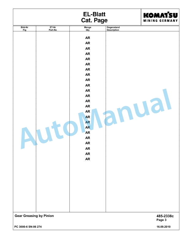 Komatsu PC3000-6 Hydraulic Mining Excavator Parts Manual G06274-4