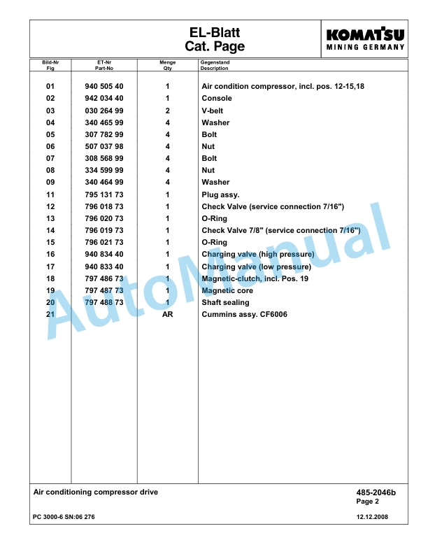 Komatsu PC3000-6 Hydraulic Mining Excavator Parts Manual G06276-3