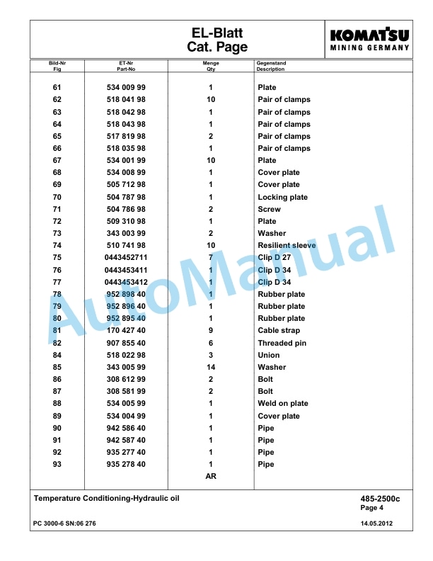 Komatsu PC3000-6 Hydraulic Mining Excavator Parts Manual G06276-4