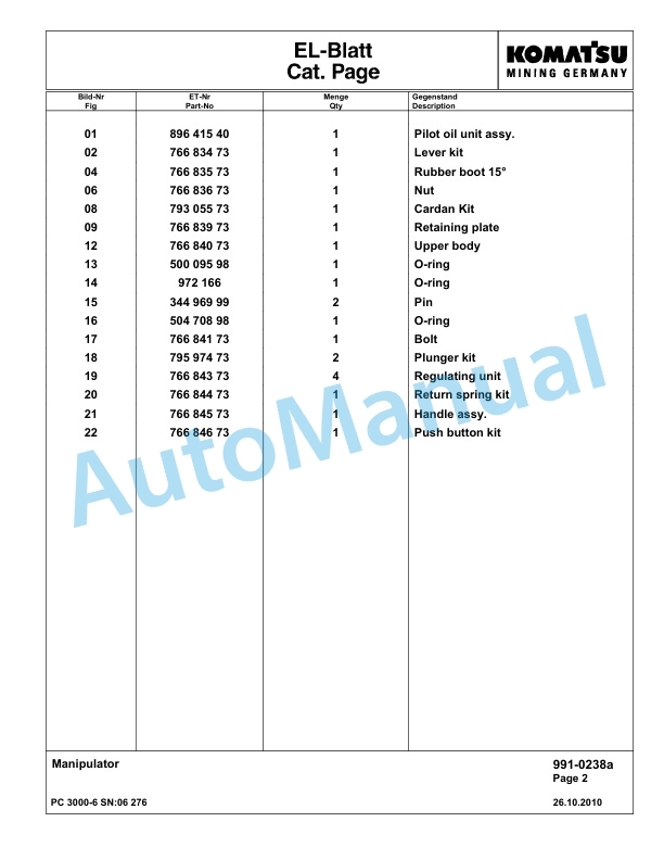 Komatsu PC3000-6 Hydraulic Mining Excavator Parts Manual G06276-5