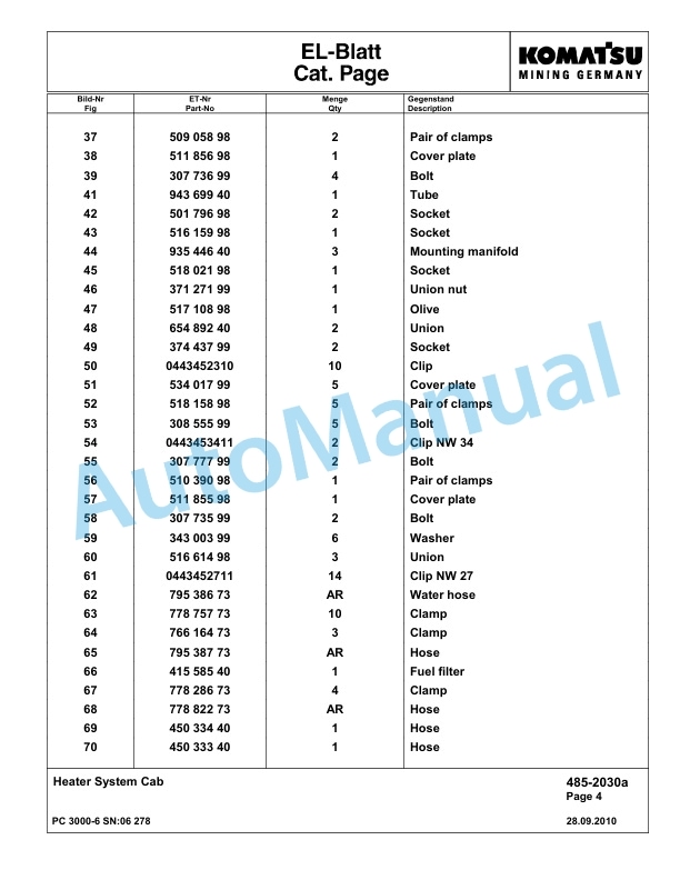Komatsu PC3000-6 Hydraulic Mining Excavator Parts Manual G06278-3