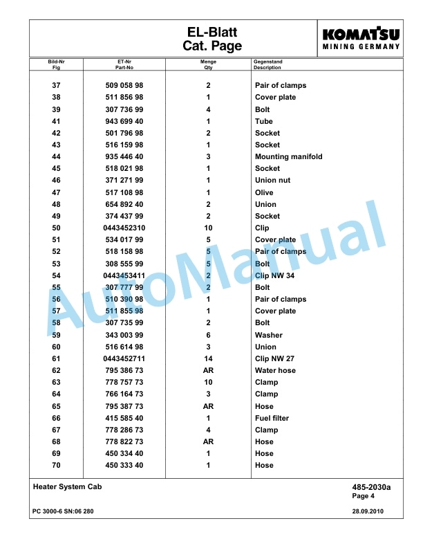 Komatsu PC3000-6 Hydraulic Mining Excavator Parts Manual G06280-3