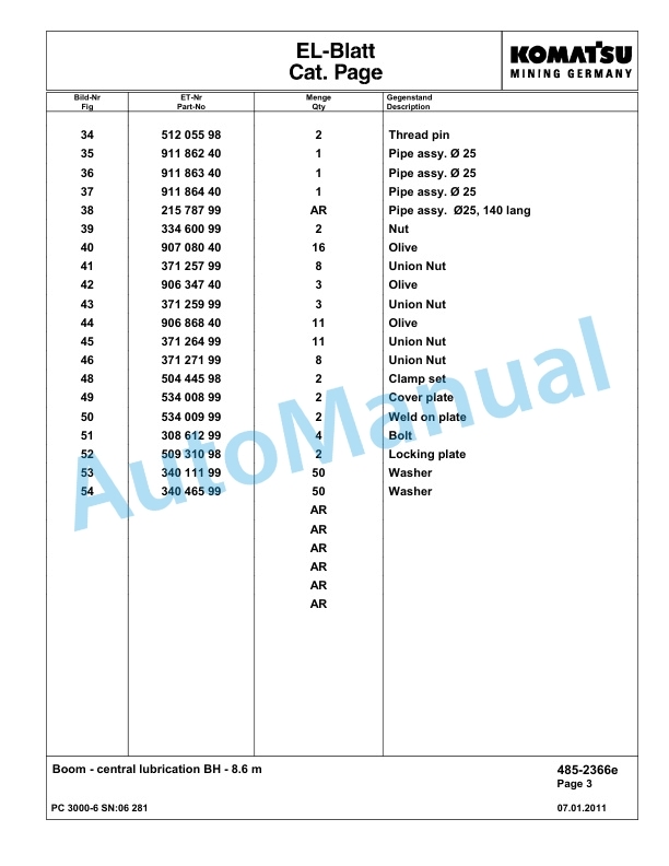 Komatsu PC3000-6 Hydraulic Mining Excavator Parts Manual G06281-4