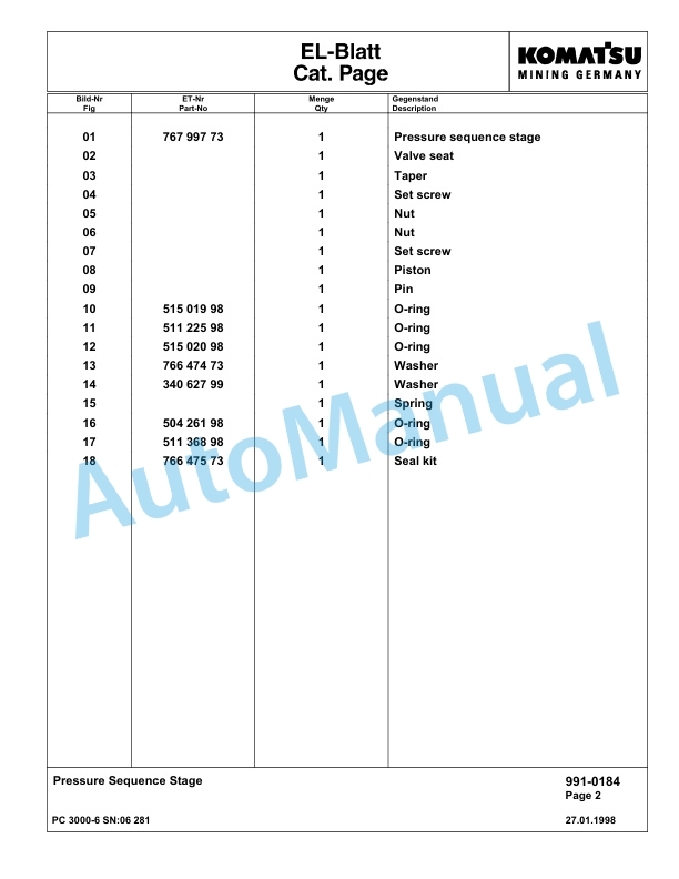 Komatsu PC3000-6 Hydraulic Mining Excavator Parts Manual G06281-5