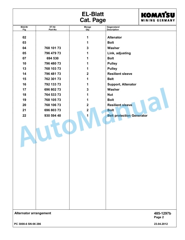 Komatsu PC3000-6 Hydraulic Mining Excavator Parts Manual G06286-2