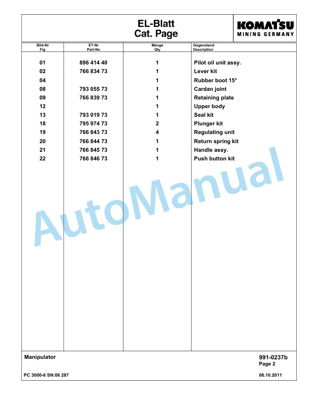 Komatsu PC3000-6 Hydraulic Mining Excavator Parts Manual G06287-5