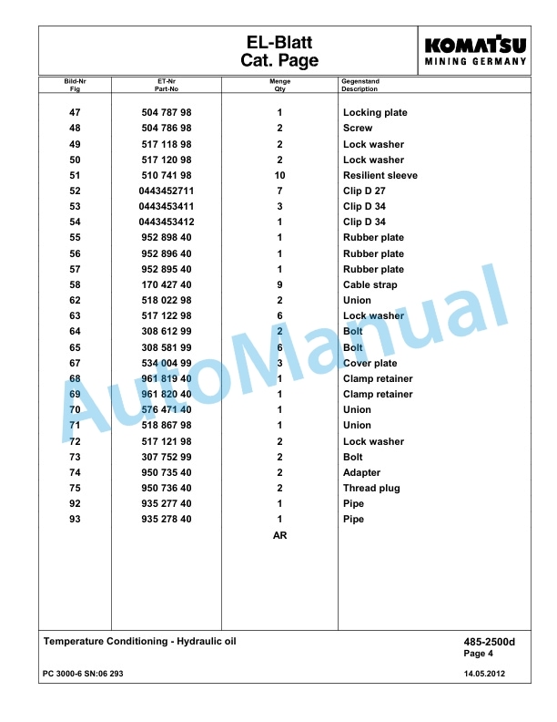 Komatsu PC3000-6 Hydraulic Mining Excavator Parts Manual G06293-4