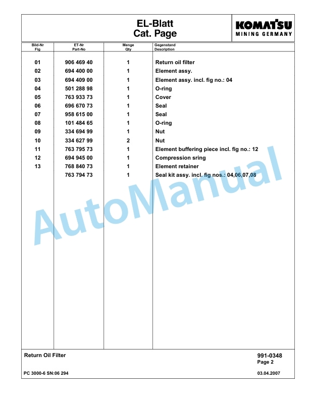 Komatsu PC3000-6 Hydraulic Mining Excavator Parts Manual G06294-5