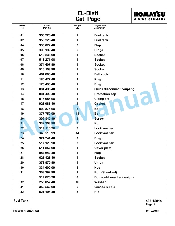 Komatsu PC3000-6 Hydraulic Mining Excavator Parts Manual G06302-2