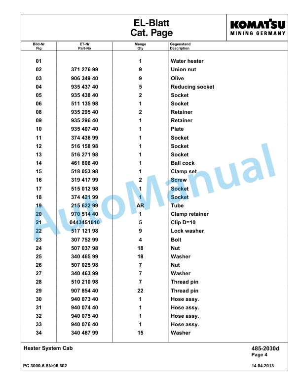 Komatsu PC3000-6 Hydraulic Mining Excavator Parts Manual G06302-3