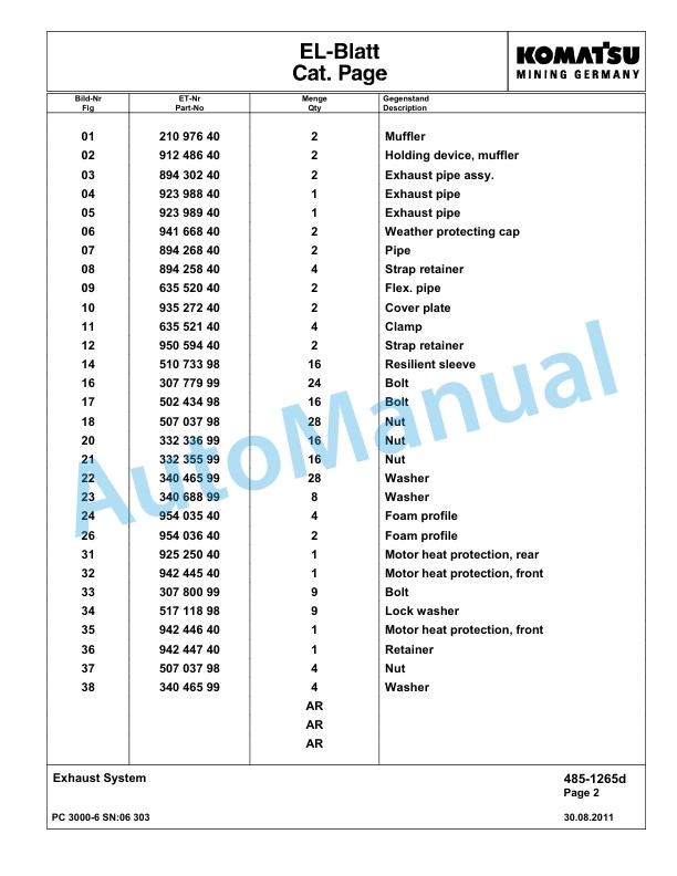 Komatsu PC3000-6 Hydraulic Mining Excavator Parts Manual G06303-2