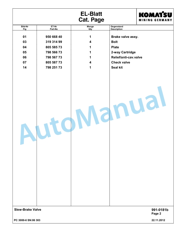 Komatsu PC3000-6 Hydraulic Mining Excavator Parts Manual G06303-5
