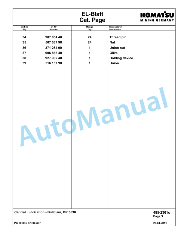 Komatsu PC3000-6 Hydraulic Mining Excavator Parts Manual G06307-4