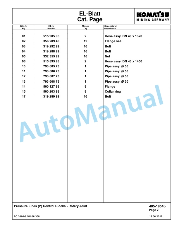 Komatsu PC3000-6 Hydraulic Mining Excavator Parts Manual G06308-2