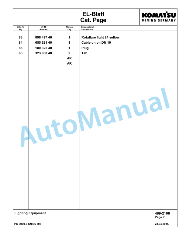 Komatsu PC3000-6 Hydraulic Mining Excavator Parts Manual G06308-4