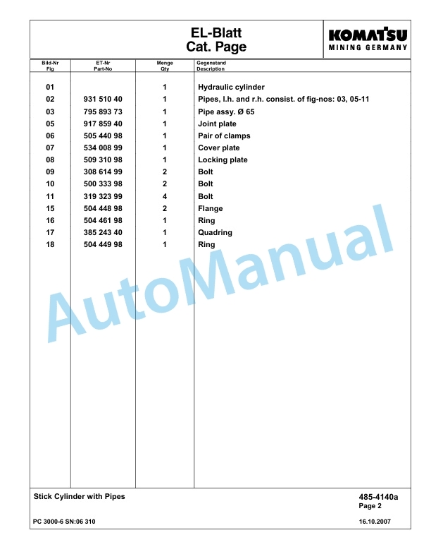 Komatsu PC3000-6 Hydraulic Mining Excavator Parts Manual G06310-3