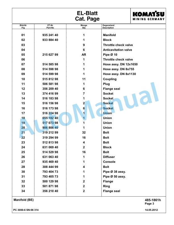 Komatsu PC3000-6 Hydraulic Mining Excavator Parts Manual G06314-2