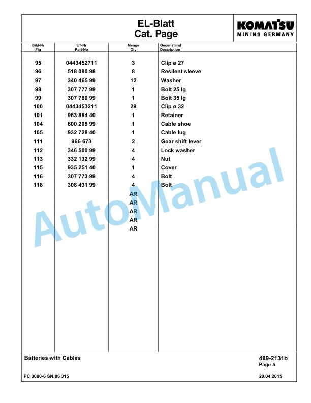 Komatsu PC3000-6 Hydraulic Mining Excavator Parts Manual G06315-4