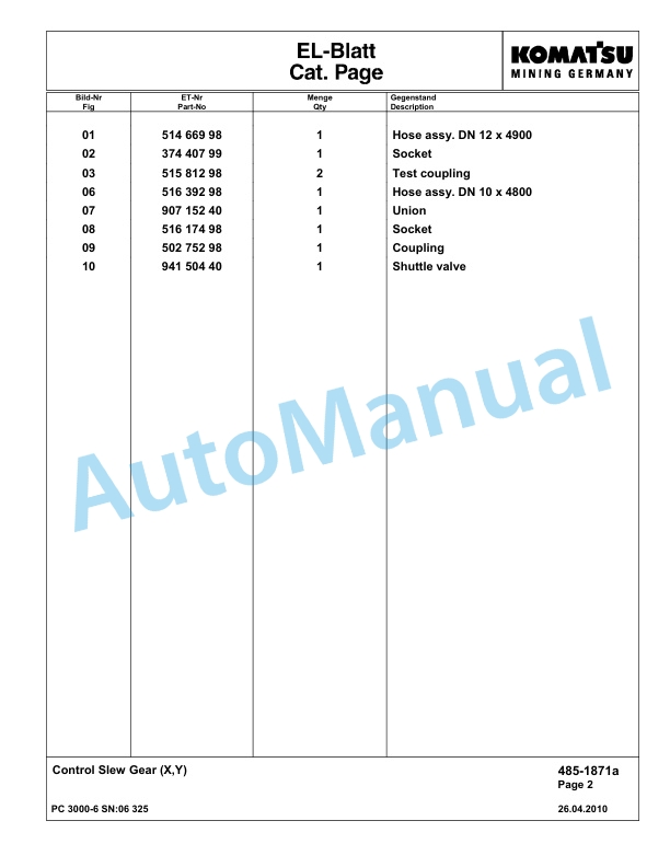 Komatsu PC3000-6 Hydraulic Mining Excavator Parts Manual G06325-2