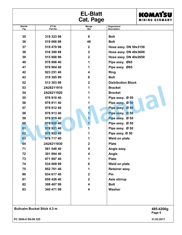 Komatsu PC3000-6 Hydraulic Mining Excavator Parts Manual G06325-3
