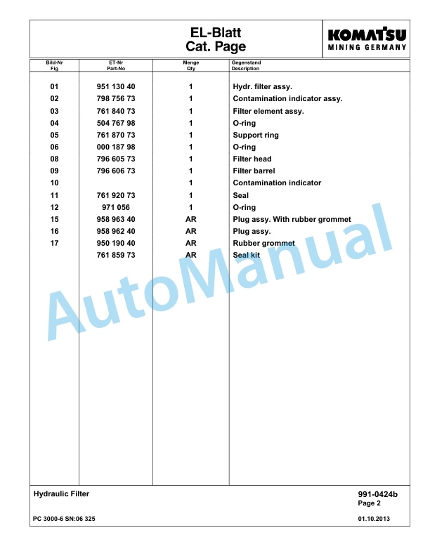 Komatsu PC3000-6 Hydraulic Mining Excavator Parts Manual G06325-5