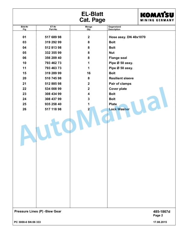 Komatsu PC3000-6 Hydraulic Mining Excavator Parts Manual G06333-2