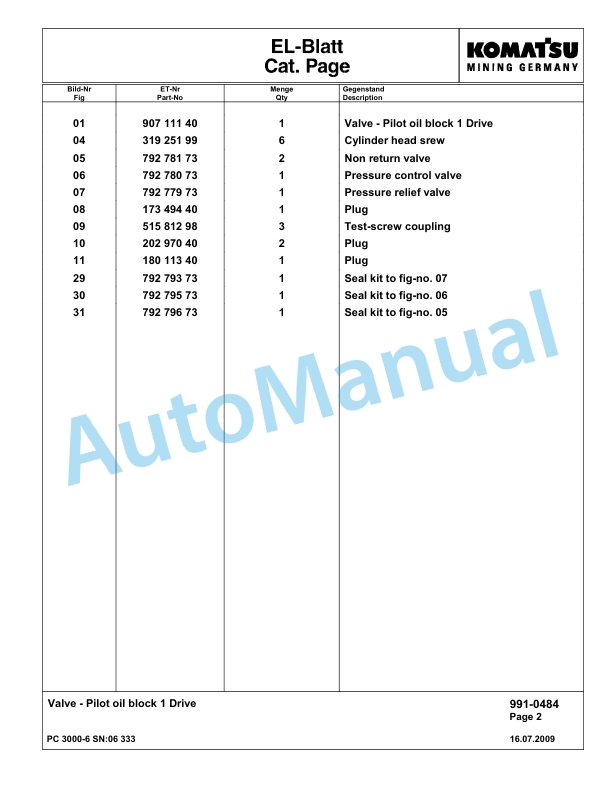 Komatsu PC3000-6 Hydraulic Mining Excavator Parts Manual G06333-5