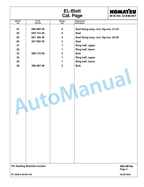 Komatsu PC3000-6 Hydraulic Mining Excavator Parts Manual G06334-3