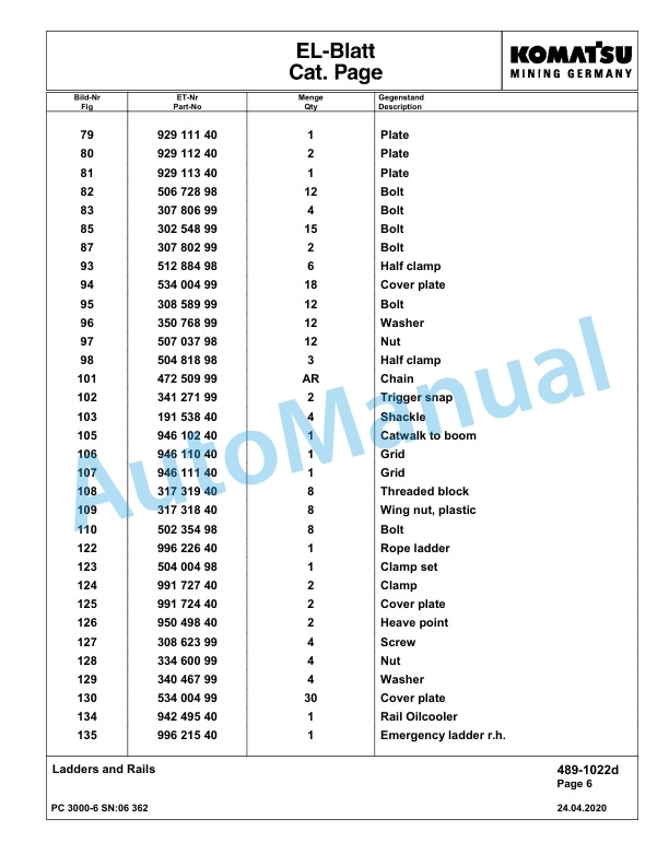 Komatsu PC3000-6 Hydraulic Mining Excavator Parts Manual G06362-3