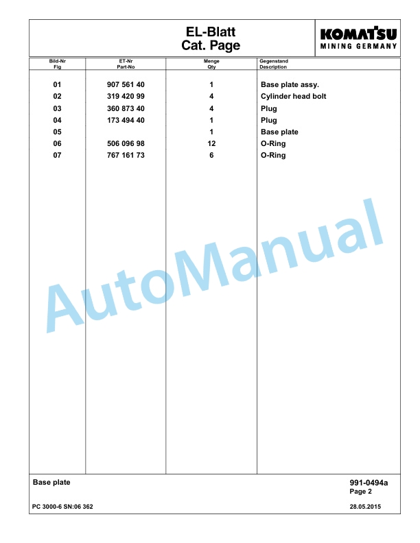 Komatsu PC3000-6 Hydraulic Mining Excavator Parts Manual G06362-5