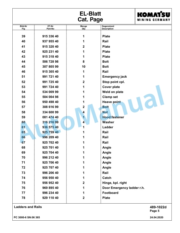 Komatsu PC3000-6 Hydraulic Mining Excavator Parts Manual G06365-3