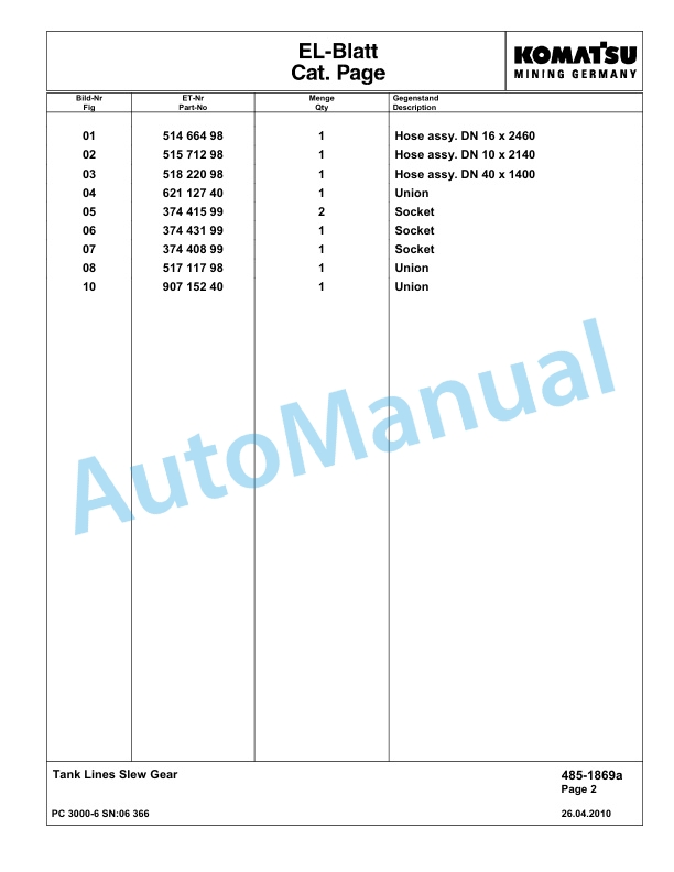 Komatsu PC3000-6 Hydraulic Mining Excavator Parts Manual G06366-2