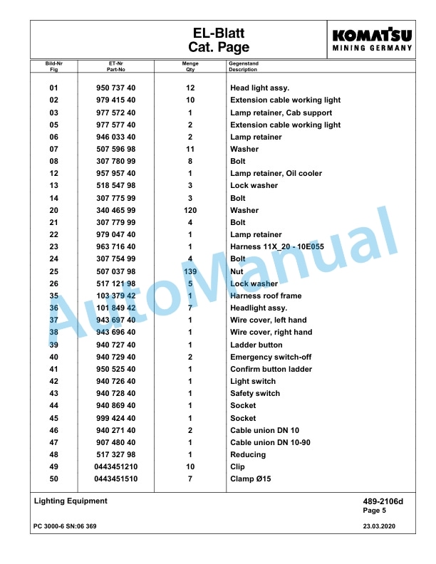 Komatsu PC3000-6 Hydraulic Mining Excavator Parts Manual G06369-4