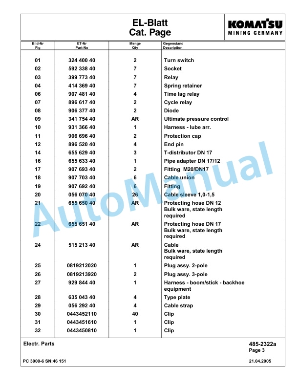 Komatsu PC3000-6 Hydraulic Mining Excavator Parts Manual G46151-4