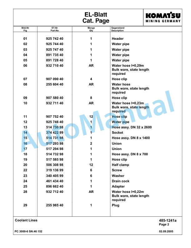 Komatsu PC3000-6 Hydraulic Mining Excavator Parts Manual G46152-2
