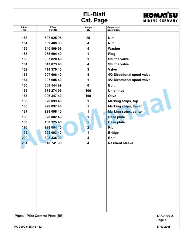 Komatsu PC3000-6 Hydraulic Mining Excavator Parts Manual G46152-3