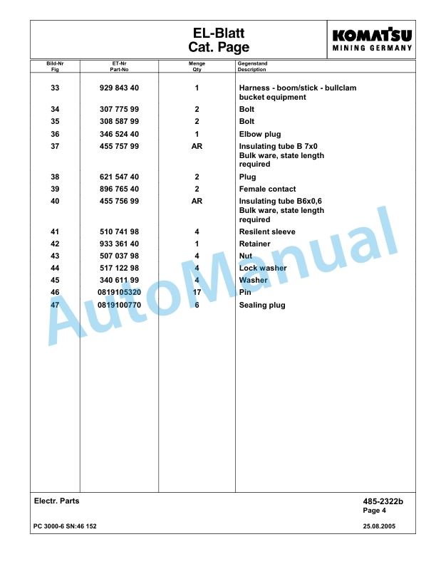 Komatsu PC3000-6 Hydraulic Mining Excavator Parts Manual G46152-4