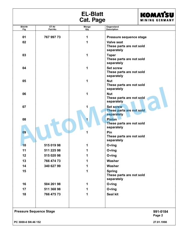 Komatsu PC3000-6 Hydraulic Mining Excavator Parts Manual G46152-5