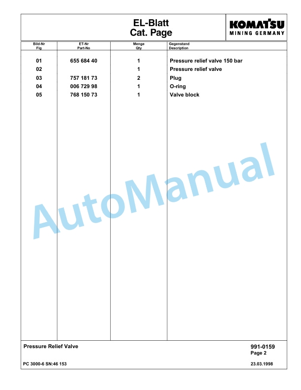 Komatsu PC3000-6 Hydraulic Mining Excavator Parts Manual G46153-5