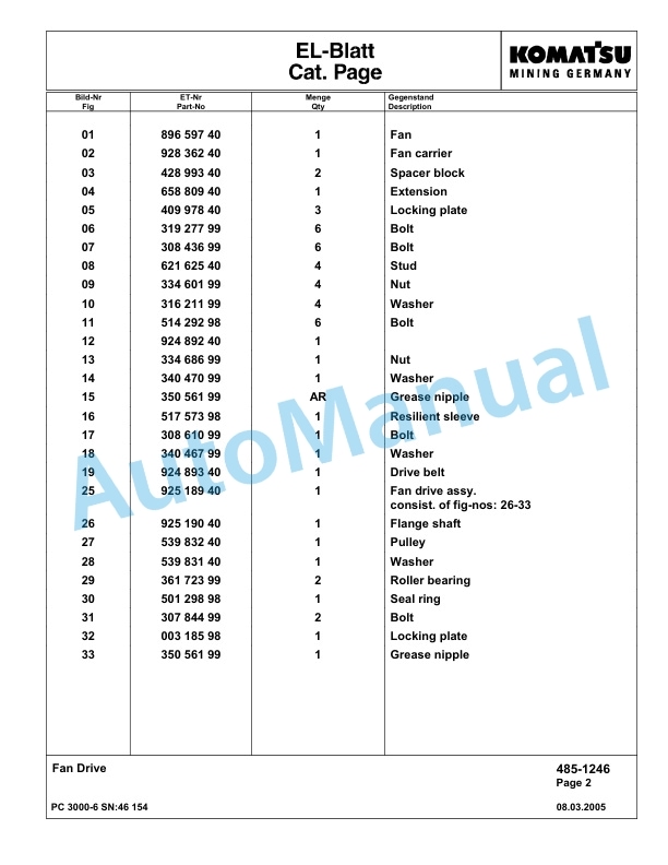 Komatsu PC3000-6 Hydraulic Mining Excavator Parts Manual G46154-2