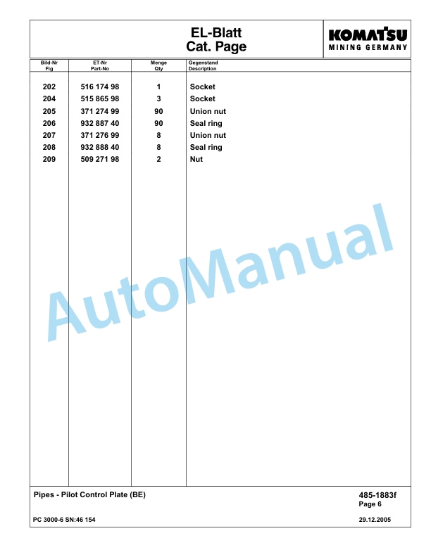 Komatsu PC3000-6 Hydraulic Mining Excavator Parts Manual G46154-3