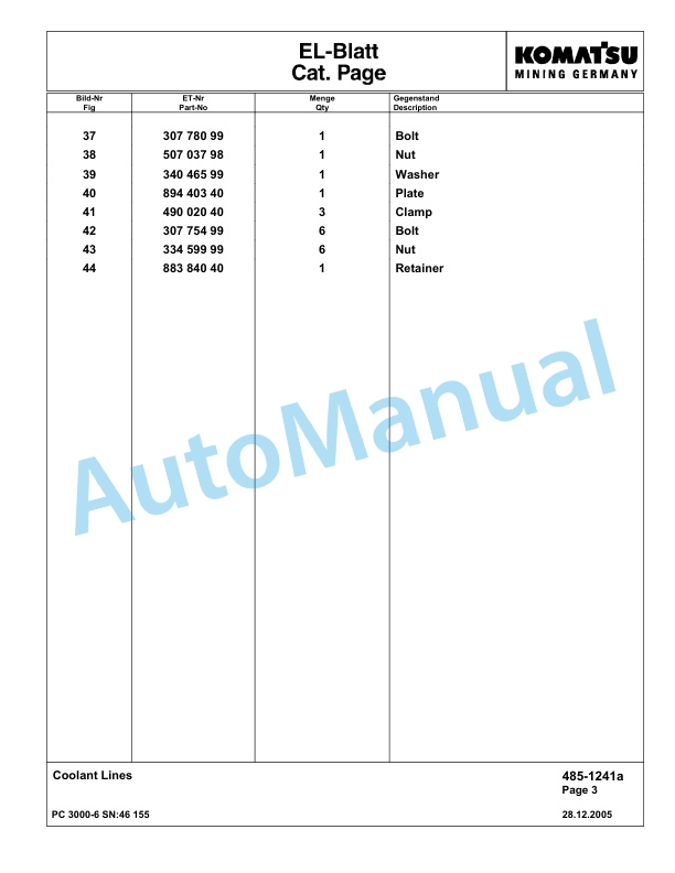 Komatsu PC3000-6 Hydraulic Mining Excavator Parts Manual G46155-2