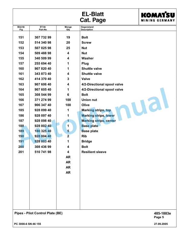 Komatsu PC3000-6 Hydraulic Mining Excavator Parts Manual G46155-3