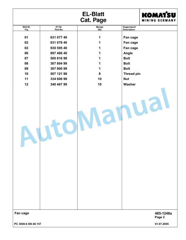 Komatsu PC3000-6 Hydraulic Mining Excavator Parts Manual G46157-2