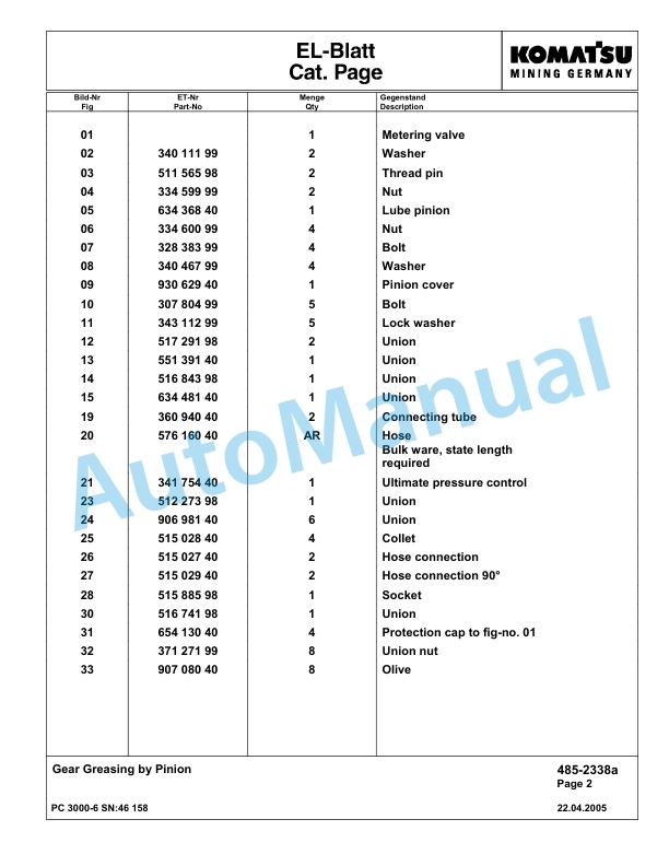 Komatsu PC3000-6 Hydraulic Mining Excavator Parts Manual G46158-4